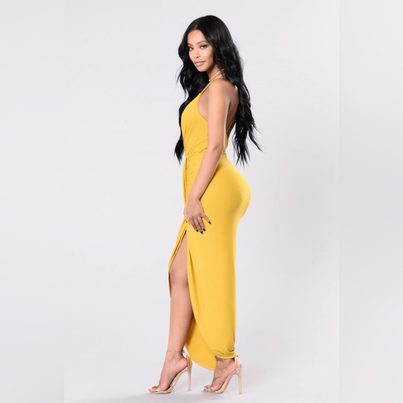 NWT FASHION NOVA Sexy Mustard Maxi Bodycon Dress - Picture 4 of 9